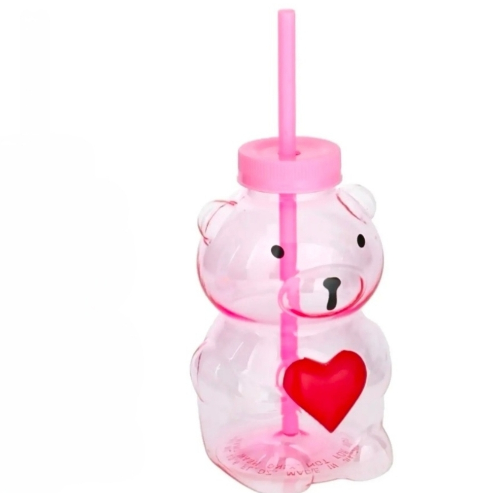 Pink Bear Shaped Water Bottle with Straw